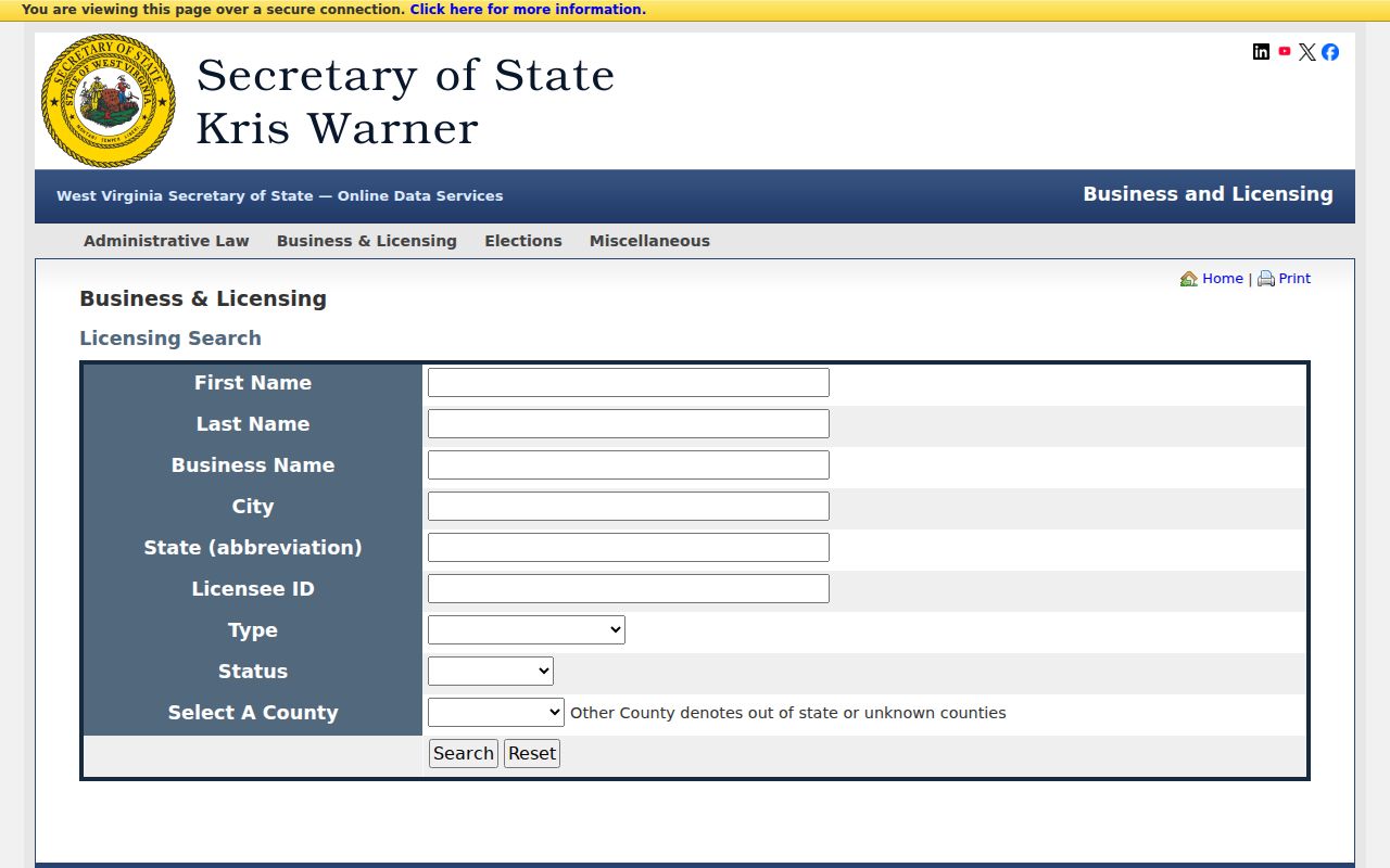 West Virginia professional and business license search fields for checking an entity named in a property record