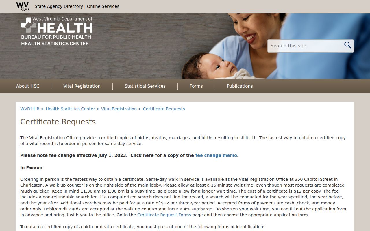 West Virginia Vital Registration request page for Pendleton County property history research