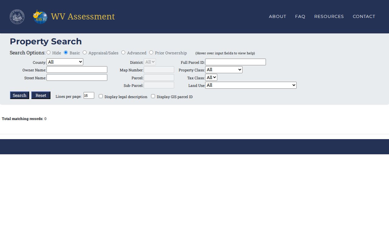 Pendleton County property search fields in WV Property Assessment