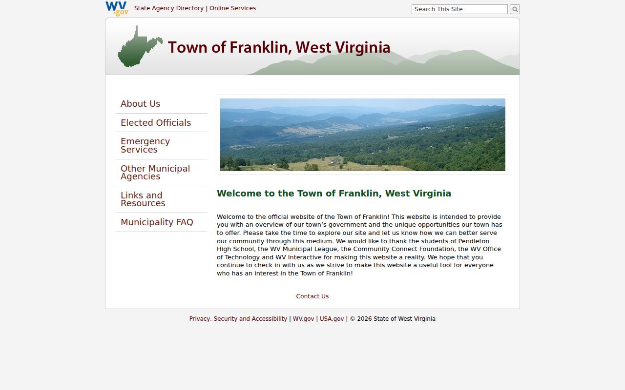 State-hosted local government page for the Town of Franklin, West Virginia